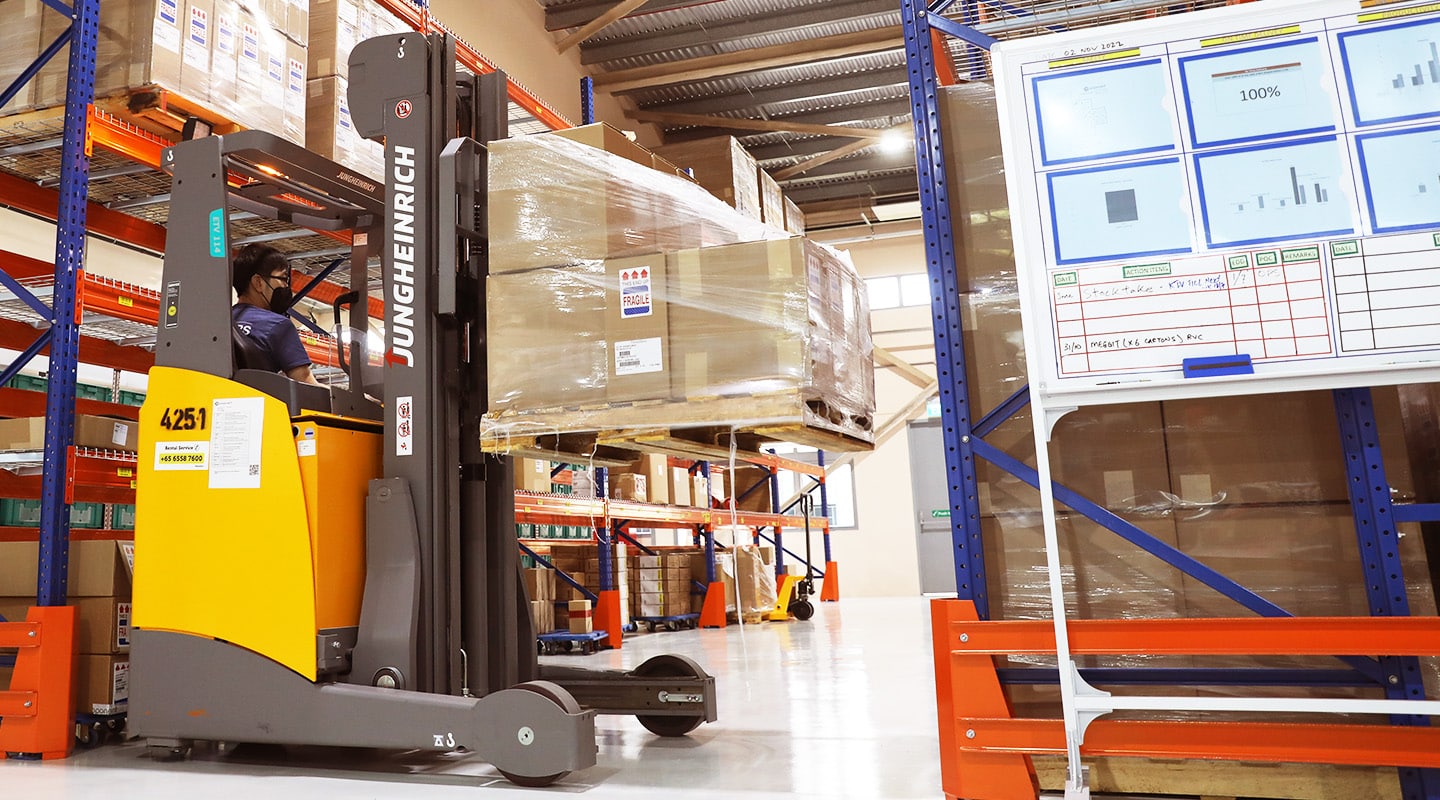 A forklift in a warehouse